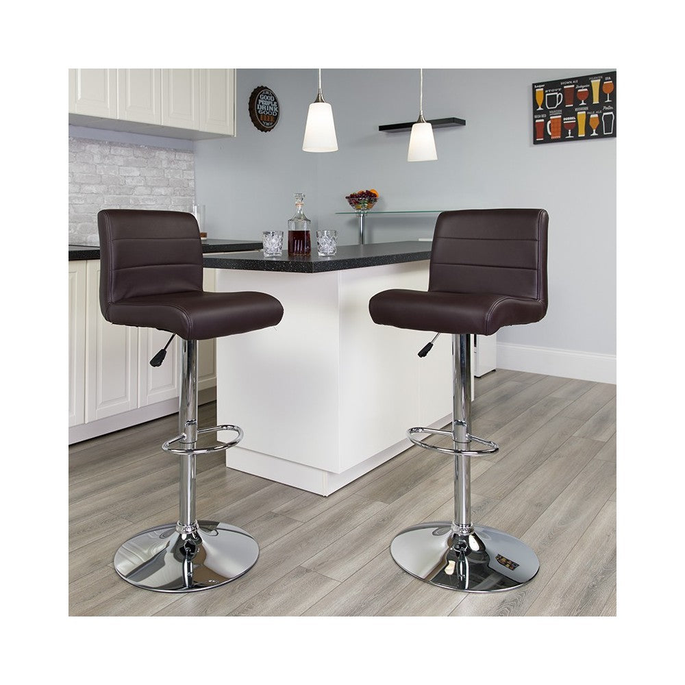 Contemporary Brown Vinyl Adjustable Height Barstool with Rolled Seat and Chrome Base