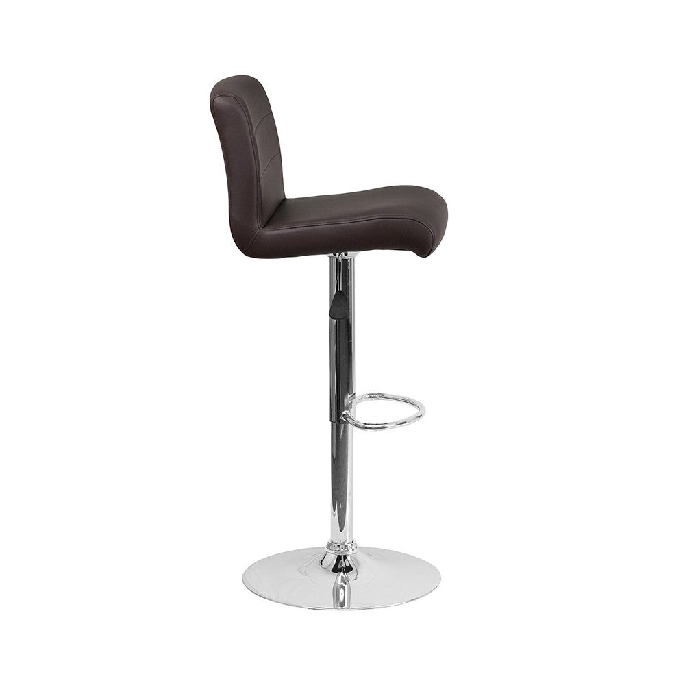 Contemporary Brown Vinyl Adjustable Height Barstool with Rolled Seat and Chrome Base