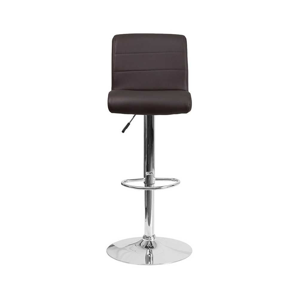 Contemporary Brown Vinyl Adjustable Height Barstool with Rolled Seat and Chrome Base