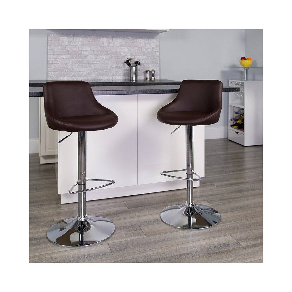 Contemporary Brown Vinyl Bucket Seat Adjustable Height Barstool with Chrome Base