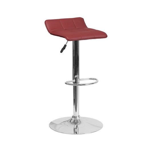 Contemporary Burgundy Vinyl Adjustable Height Barstool with Quilted Wave Seat and Chrome Base