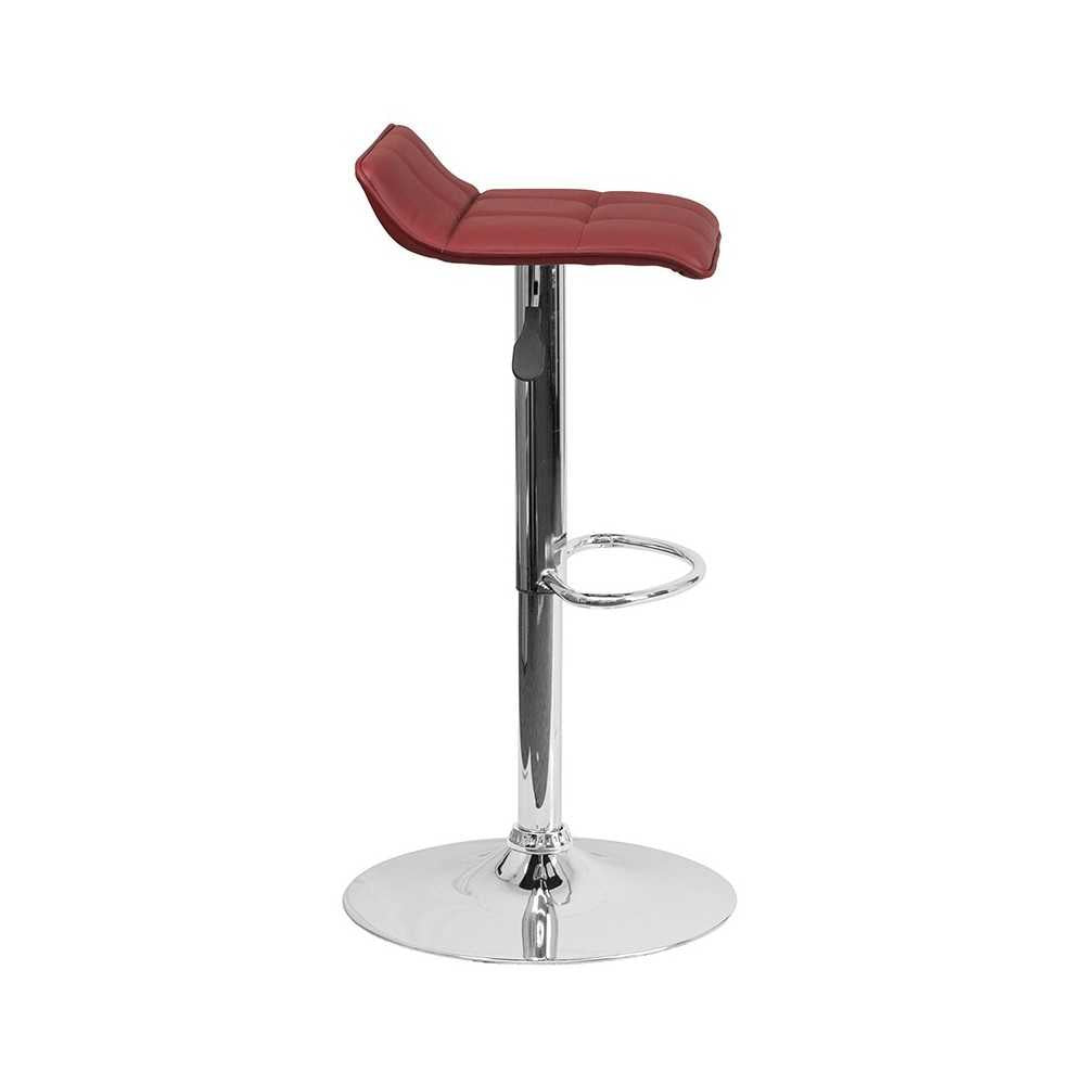 Contemporary Burgundy Vinyl Adjustable Height Barstool with Quilted Wave Seat and Chrome Base