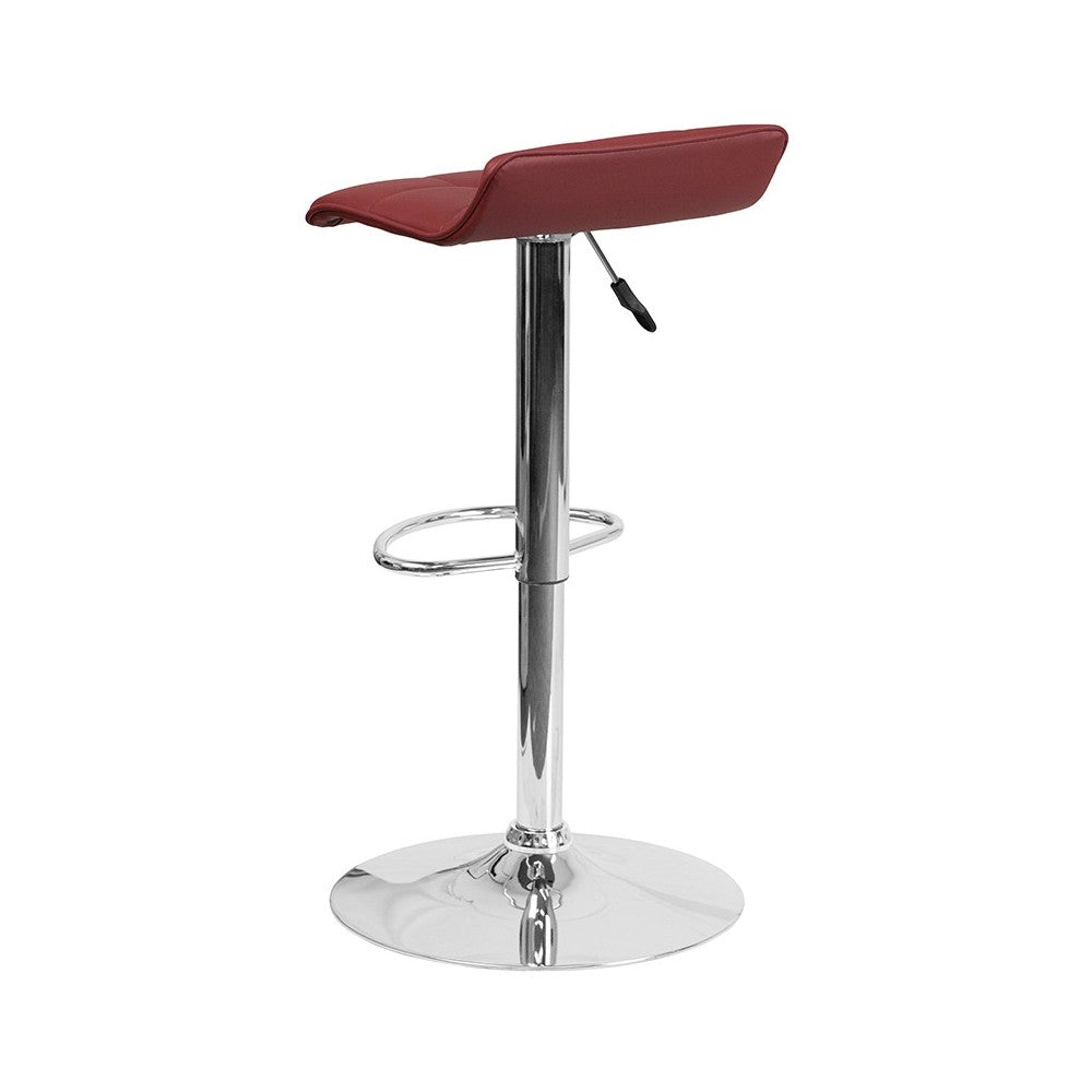 Contemporary Burgundy Vinyl Adjustable Height Barstool with Quilted Wave Seat and Chrome Base