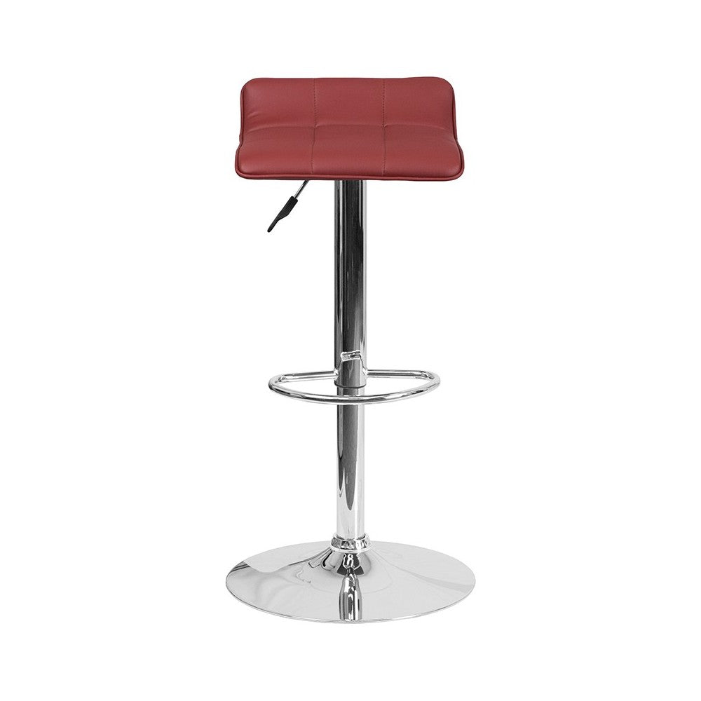 Contemporary Burgundy Vinyl Adjustable Height Barstool with Quilted Wave Seat and Chrome Base