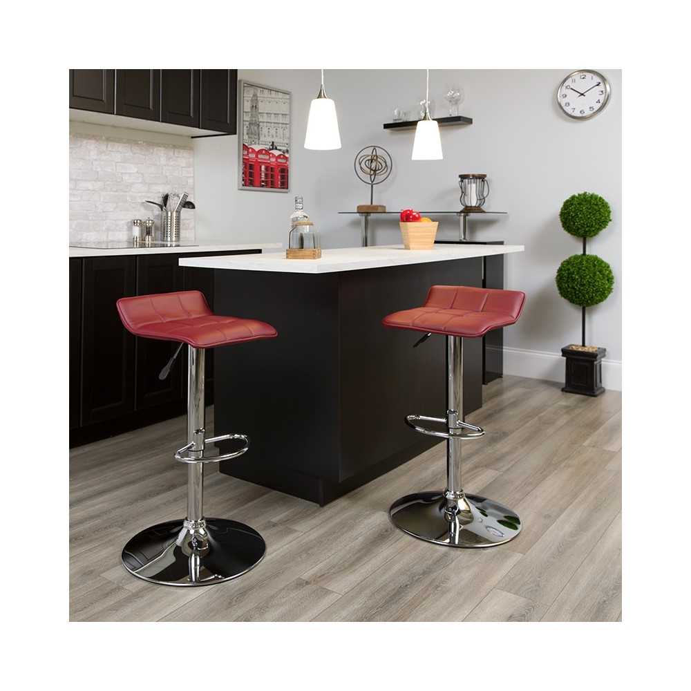 Contemporary Burgundy Vinyl Adjustable Height Barstool with Quilted Wave Seat and Chrome Base