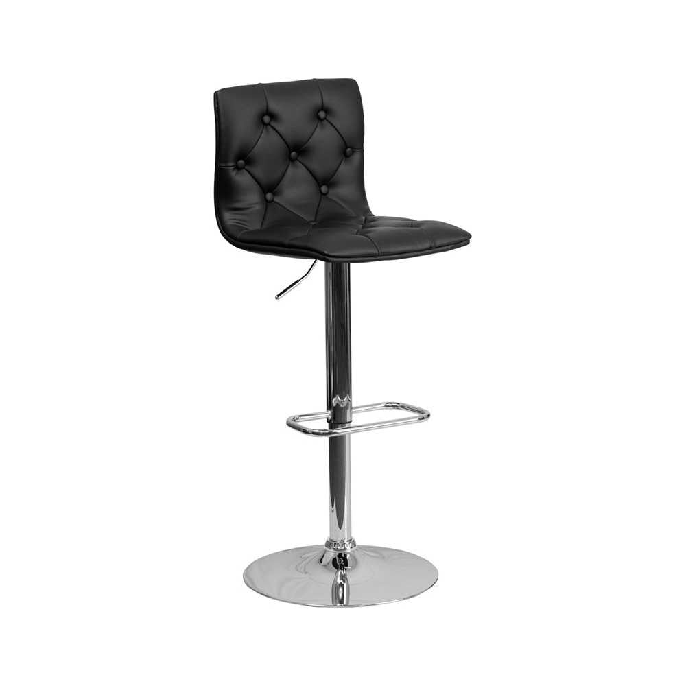 Contemporary Button Tufted Black Vinyl Adjustable Height Barstool with Chrome Base