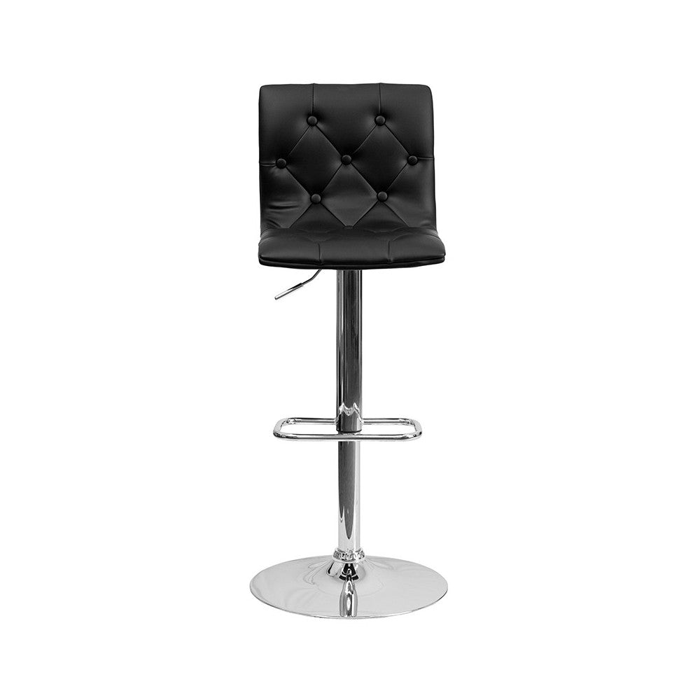 Contemporary Button Tufted Black Vinyl Adjustable Height Barstool with Chrome Base