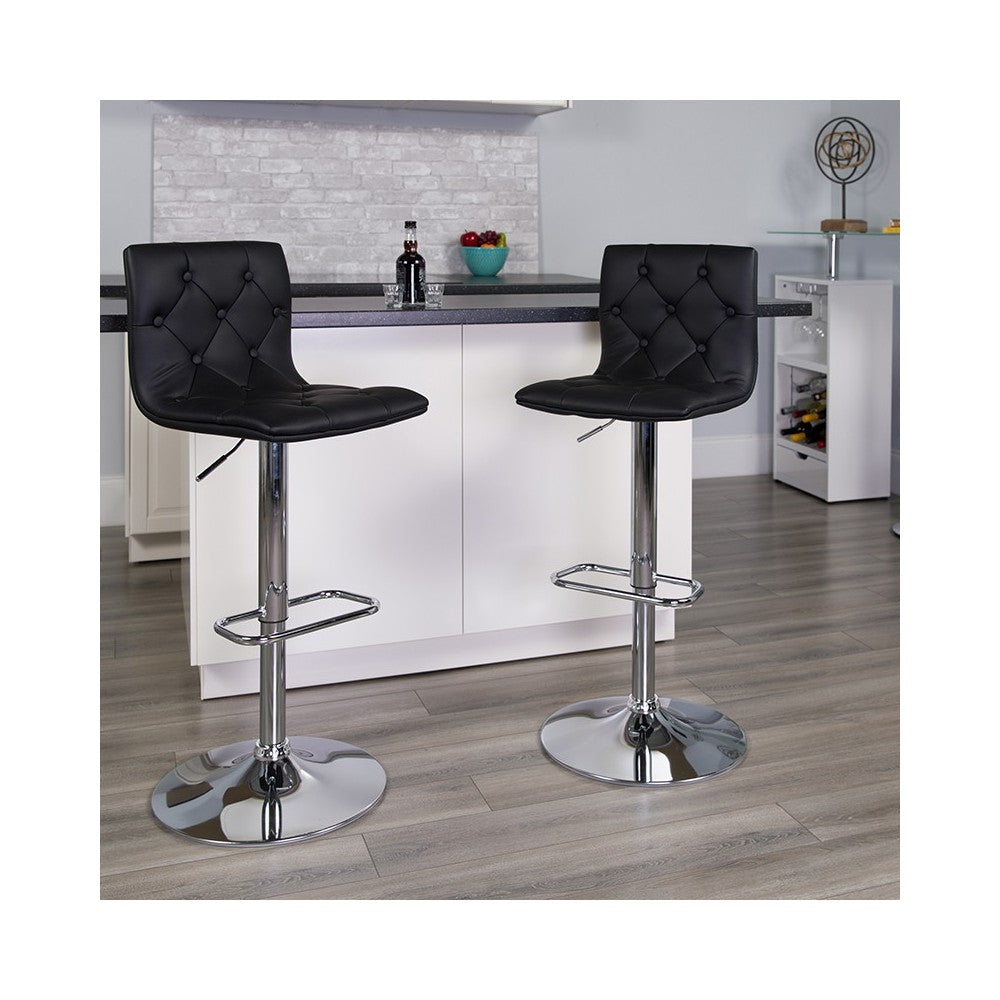 Contemporary Button Tufted Black Vinyl Adjustable Height Barstool with Chrome Base