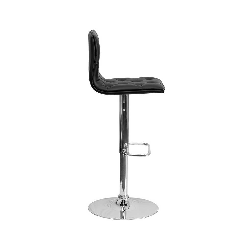 Contemporary Button Tufted Black Vinyl Adjustable Height Barstool with Chrome Base