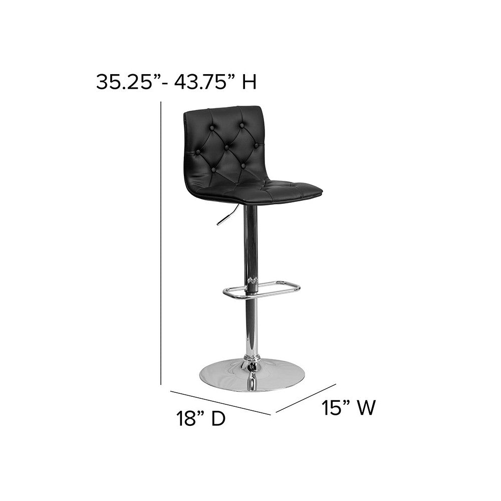 Contemporary Button Tufted Black Vinyl Adjustable Height Barstool with Chrome Base