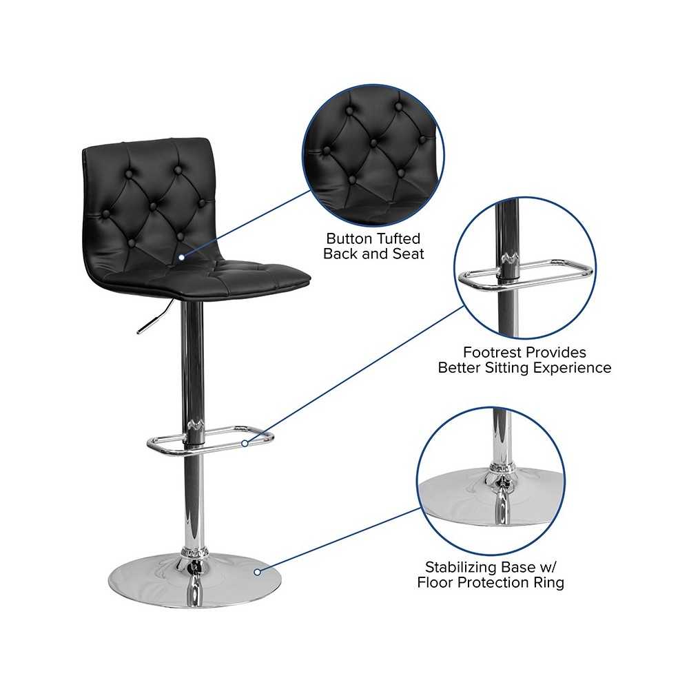 Contemporary Button Tufted Black Vinyl Adjustable Height Barstool with Chrome Base