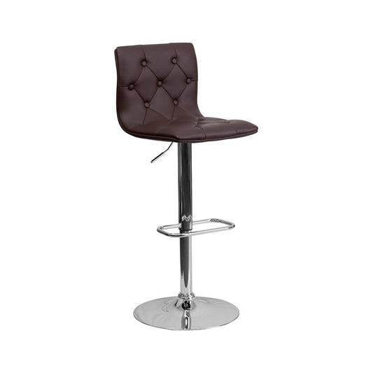 Contemporary Button Tufted Brown Vinyl Adjustable Height Barstool with Chrome Base