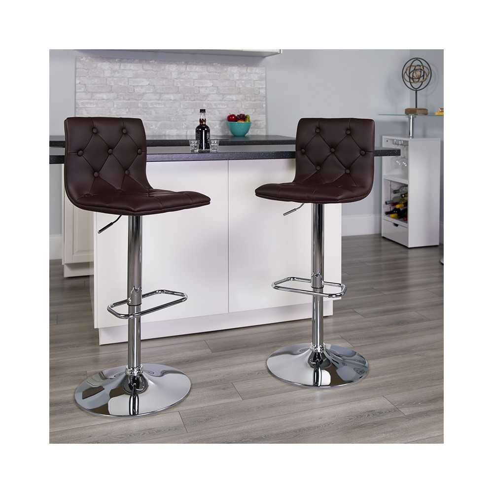 Contemporary Button Tufted Brown Vinyl Adjustable Height Barstool with Chrome Base