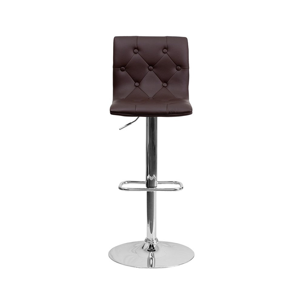 Contemporary Button Tufted Brown Vinyl Adjustable Height Barstool with Chrome Base