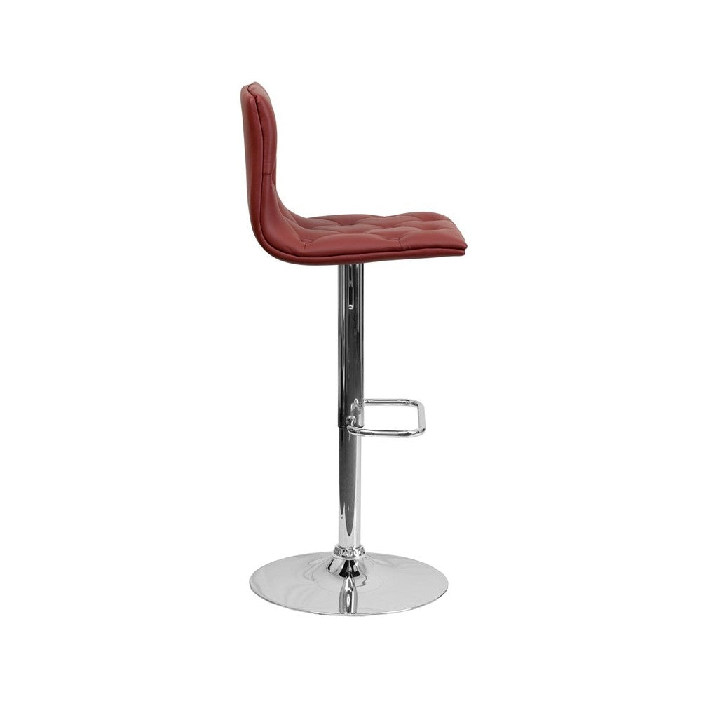 Contemporary Button Tufted Burgundy Vinyl Adjustable Height Barstool with Chrome Base