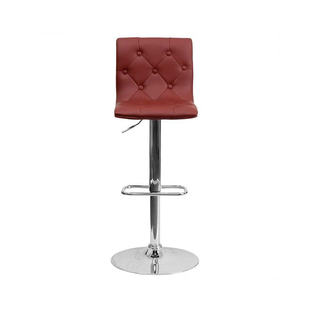 Contemporary Button Tufted Burgundy Vinyl Adjustable Height Barstool with Chrome Base