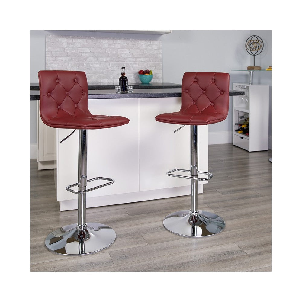 Contemporary Button Tufted Burgundy Vinyl Adjustable Height Barstool with Chrome Base