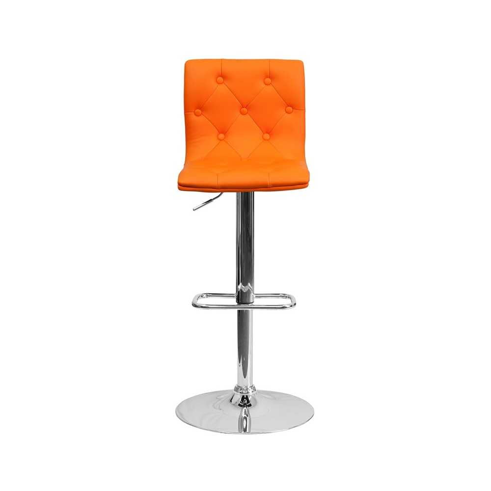 Contemporary Button Tufted Orange Vinyl Adjustable Height Barstool with Chrome Base