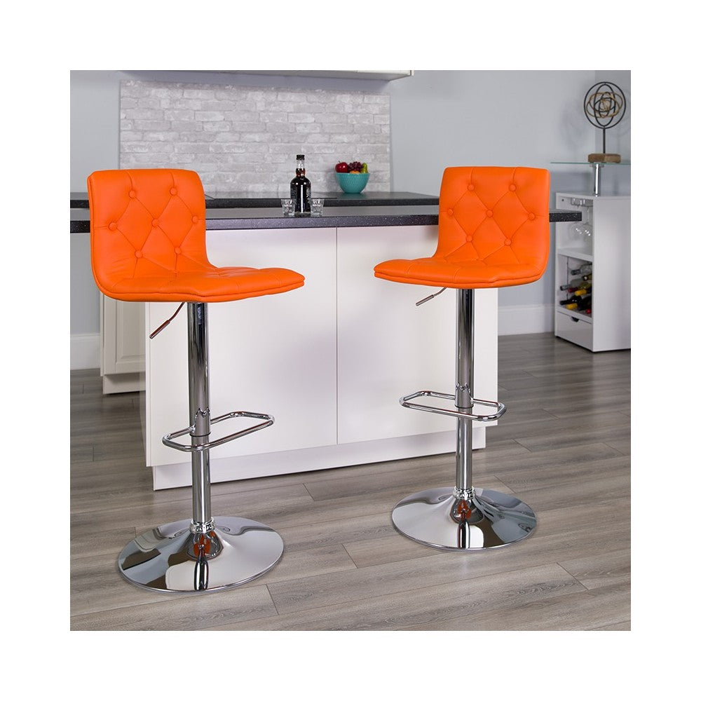 Contemporary Button Tufted Orange Vinyl Adjustable Height Barstool with Chrome Base