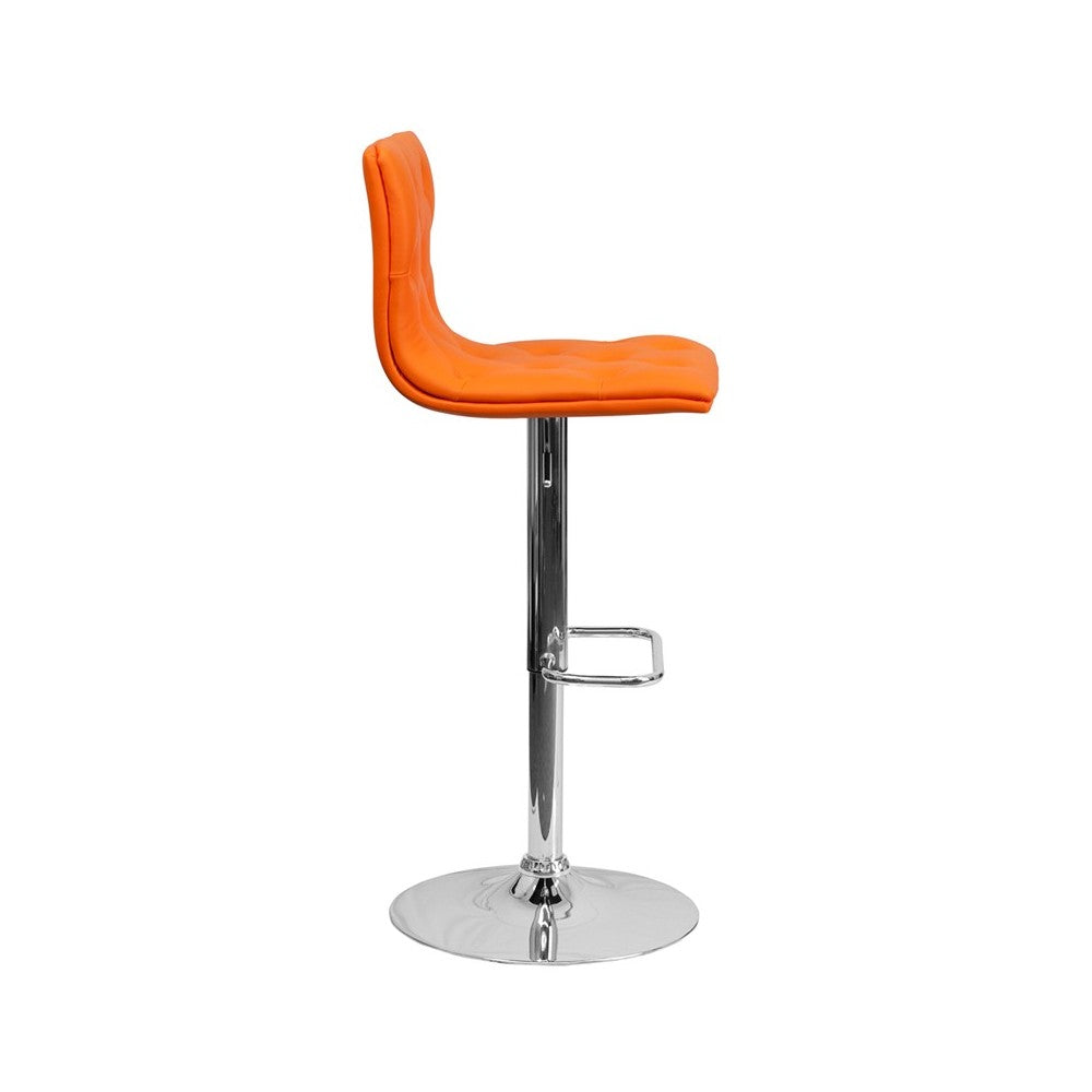 Contemporary Button Tufted Orange Vinyl Adjustable Height Barstool with Chrome Base