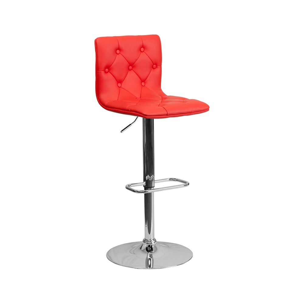 Contemporary Button Tufted Red Vinyl Adjustable Height Barstool with Chrome Base