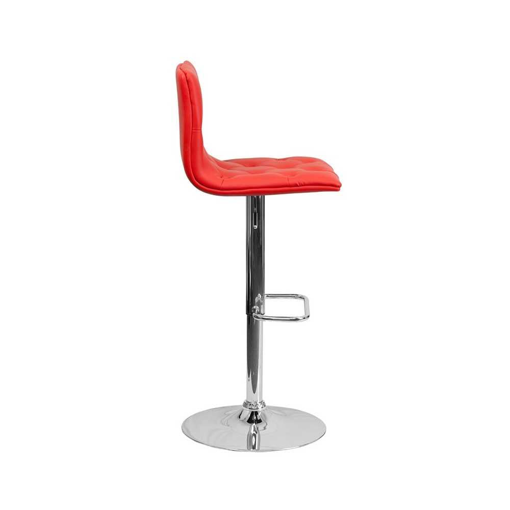 Contemporary Button Tufted Red Vinyl Adjustable Height Barstool with Chrome Base