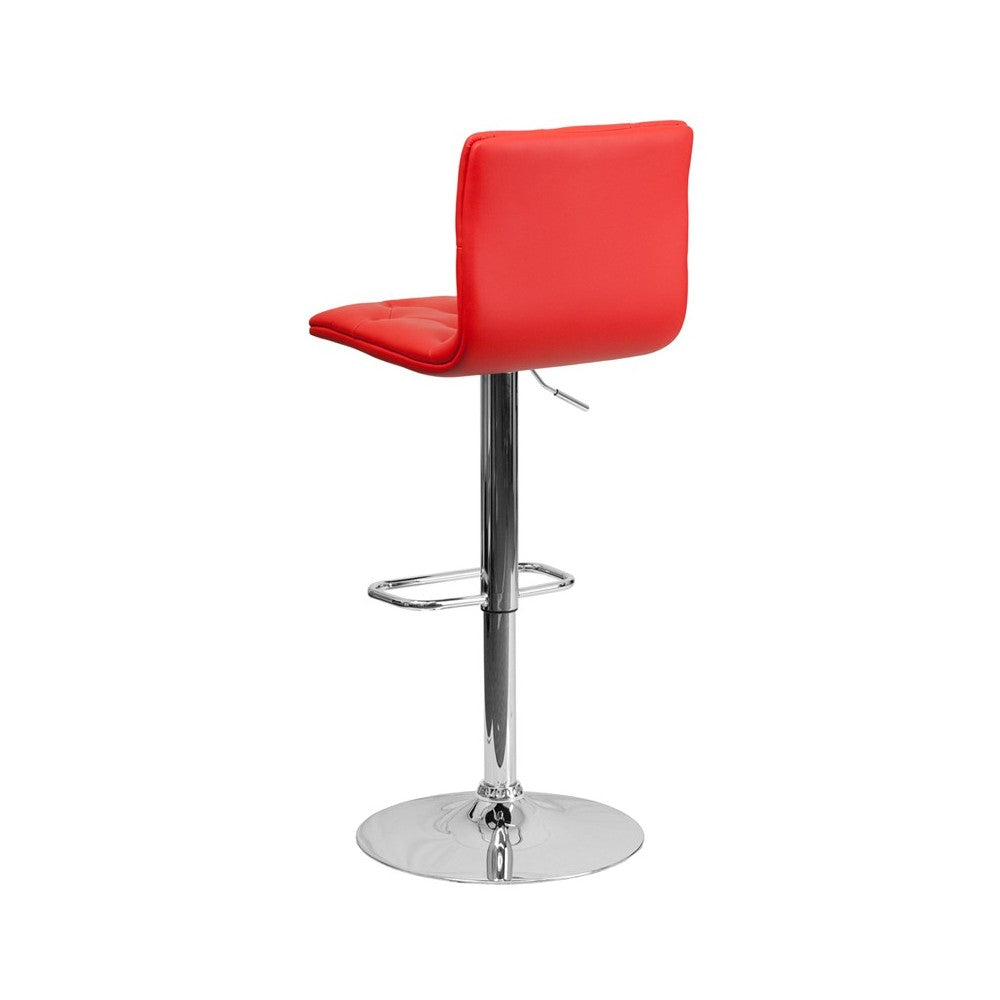 Contemporary Button Tufted Red Vinyl Adjustable Height Barstool with Chrome Base