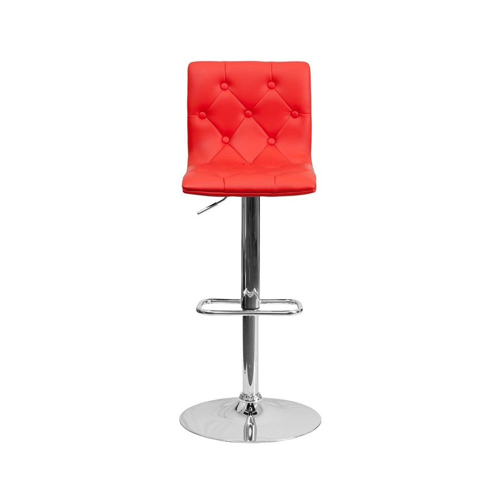 Contemporary Button Tufted Red Vinyl Adjustable Height Barstool with Chrome Base