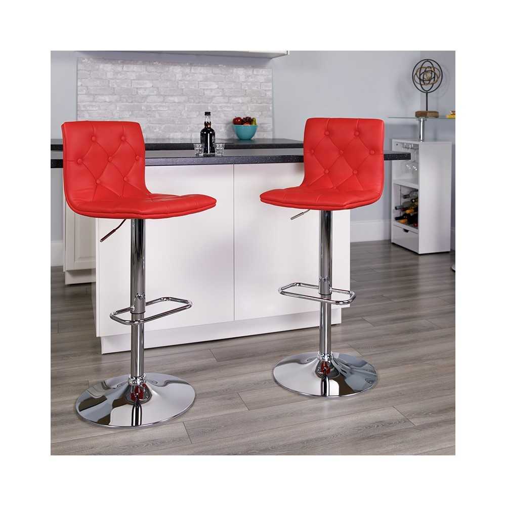 Contemporary Button Tufted Red Vinyl Adjustable Height Barstool with Chrome Base