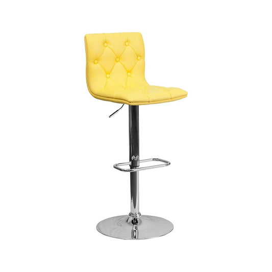 Contemporary Button Tufted Yellow Vinyl Adjustable Height Barstool with Chrome Base