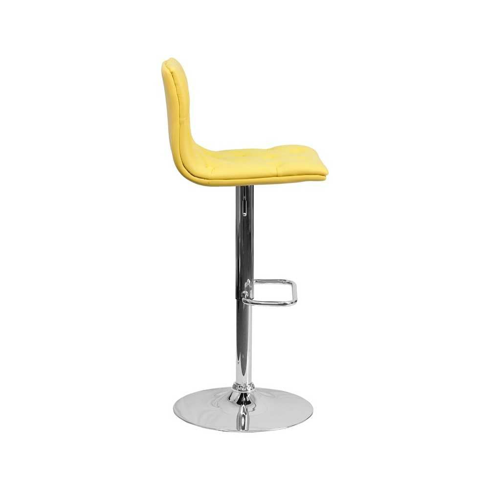 Contemporary Button Tufted Yellow Vinyl Adjustable Height Barstool with Chrome Base