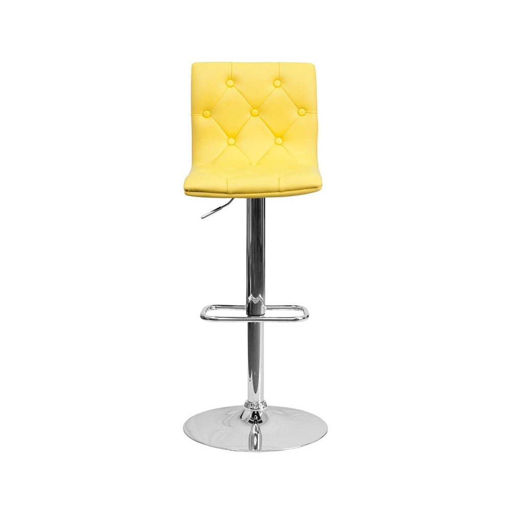 Contemporary Button Tufted Yellow Vinyl Adjustable Height Barstool with Chrome Base