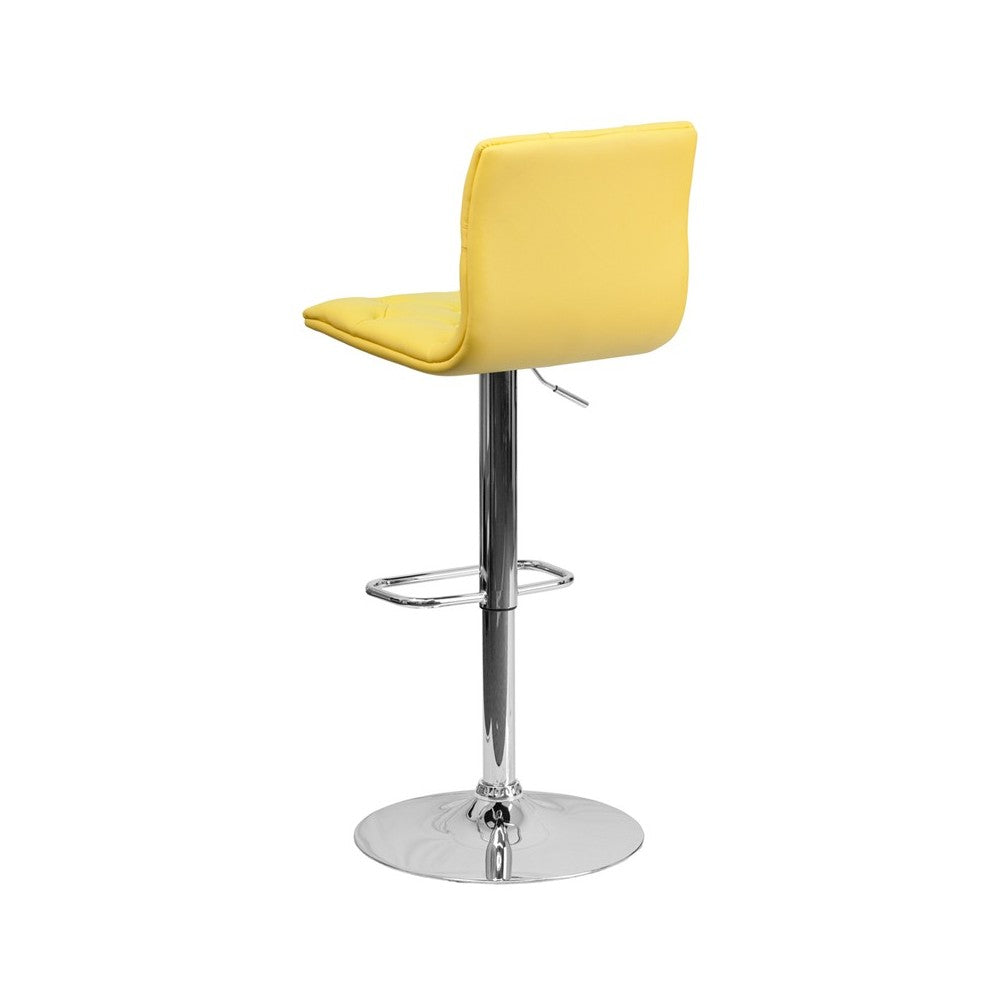 Contemporary Button Tufted Yellow Vinyl Adjustable Height Barstool with Chrome Base