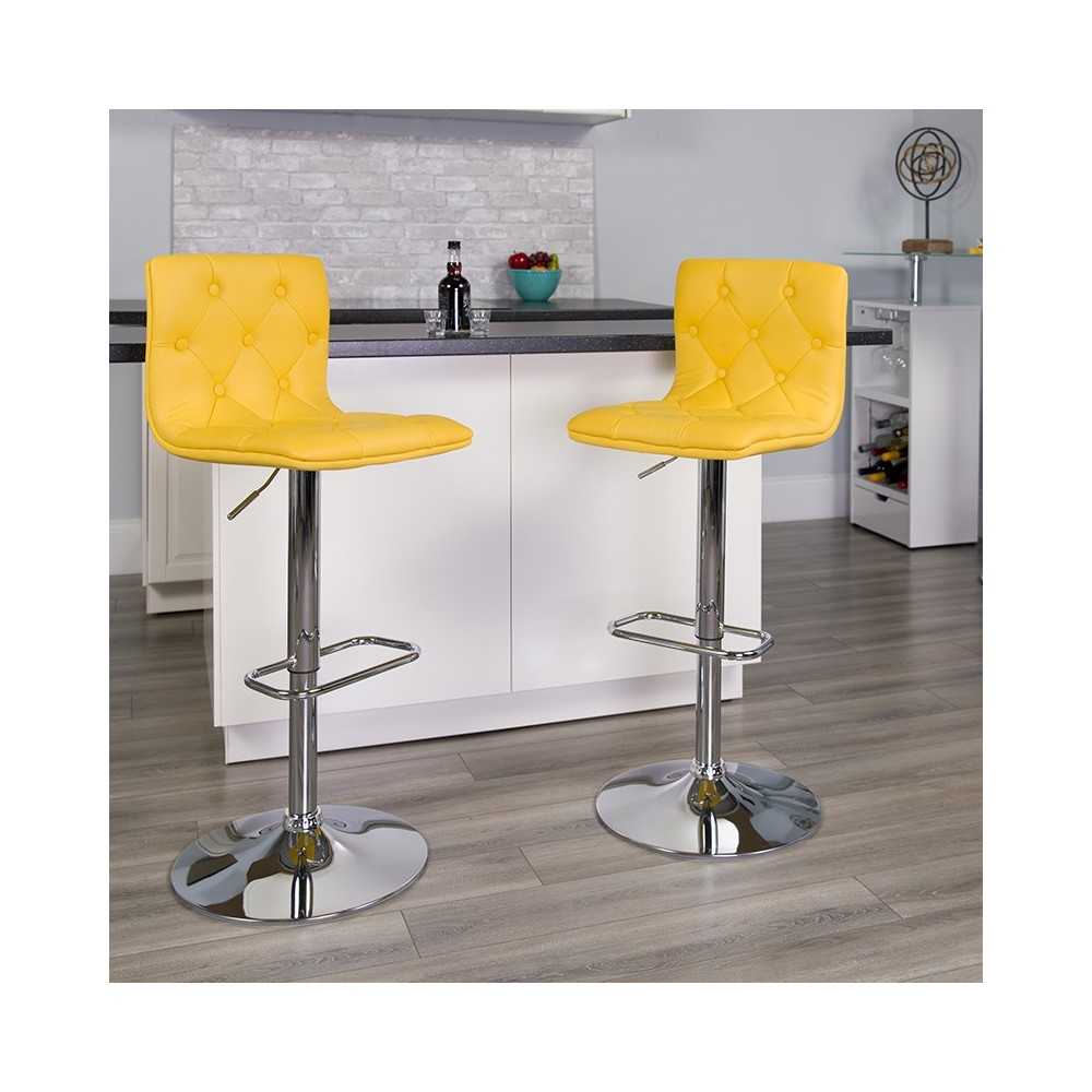 Contemporary Button Tufted Yellow Vinyl Adjustable Height Barstool with Chrome Base