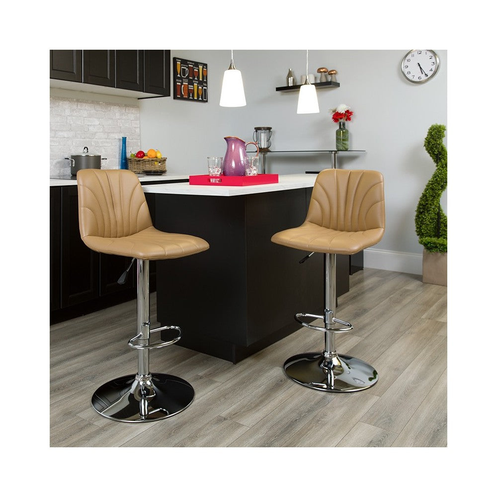 Contemporary Cappuccino Vinyl Adjustable Height Barstool with Embellished Stitch Design and Chrome Base