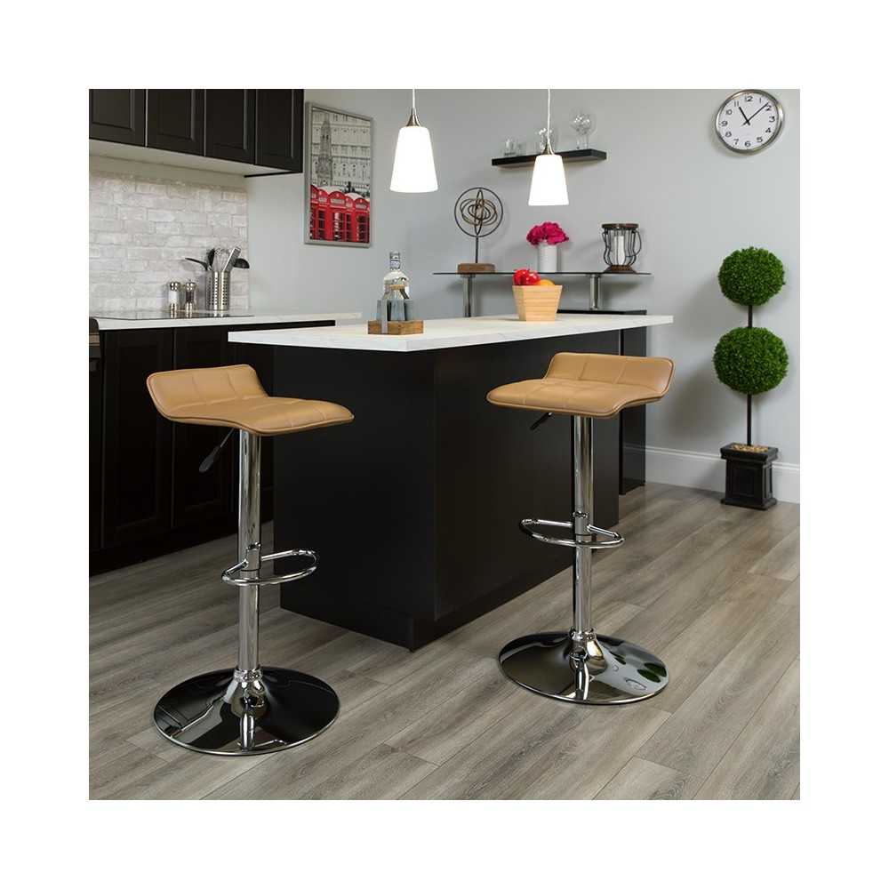 Contemporary Cappuccino Vinyl Adjustable Height Barstool with Quilted Wave Seat and Chrome Base