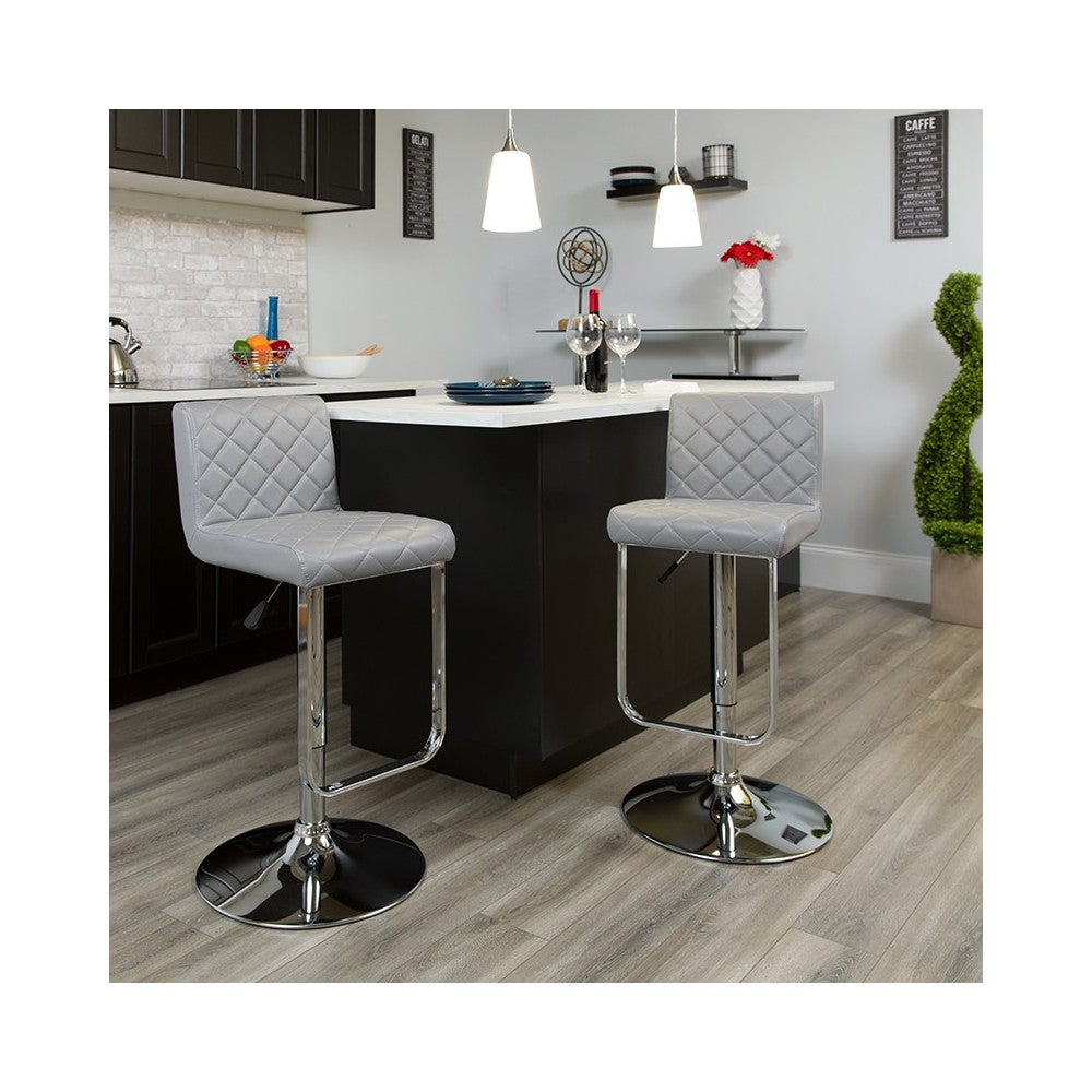 Contemporary Gray Vinyl Adjustable Height Barstool with Drop Frame and Chrome Base