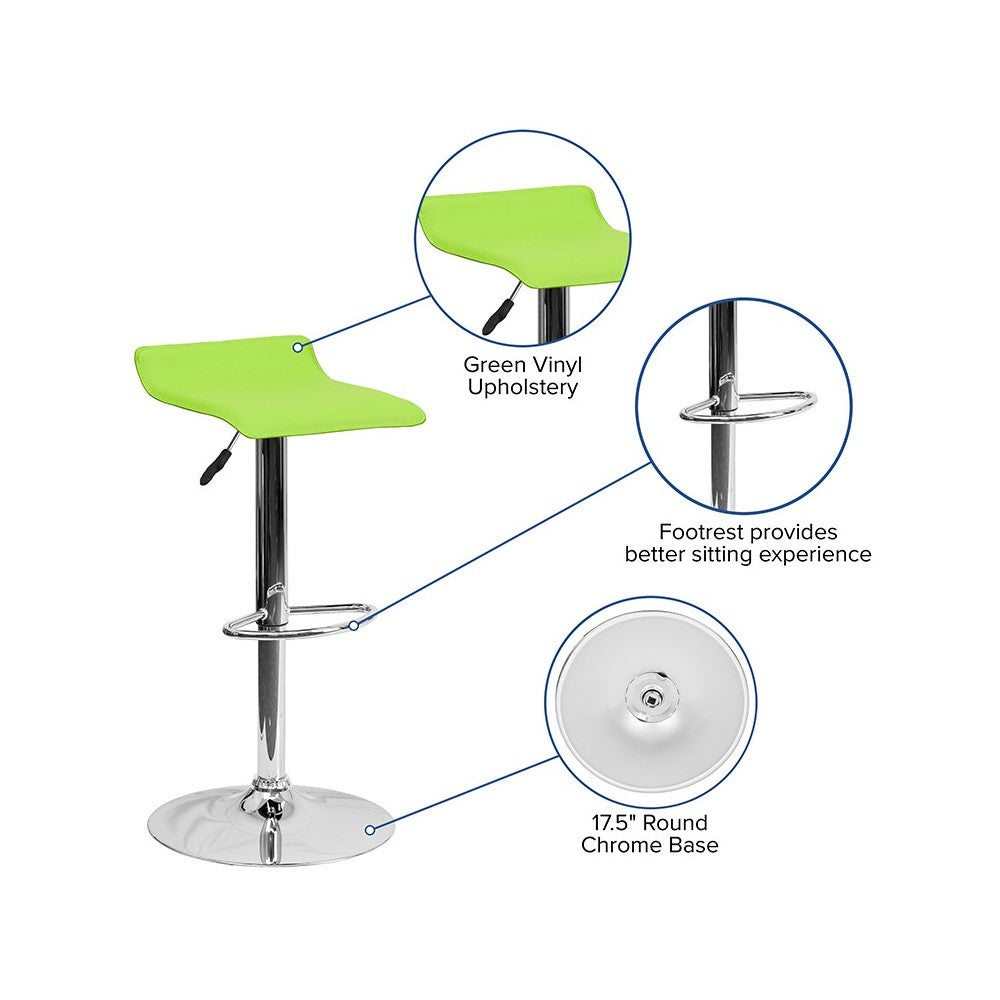 Contemporary Green Vinyl Adjustable Height Barstool with Solid Wave Seat and Chrome Base