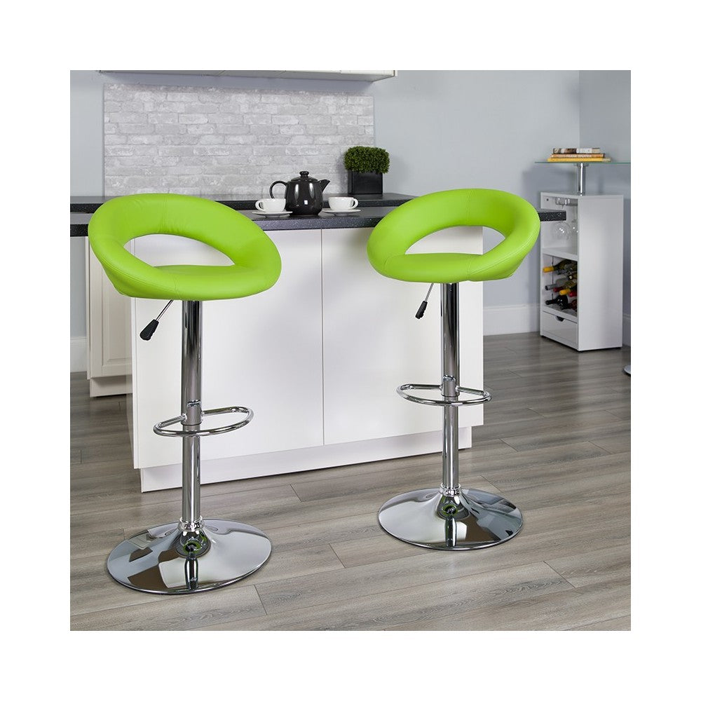 Contemporary Green Vinyl Rounded Orbit-Style Back Adjustable Height Barstool with Chrome Base