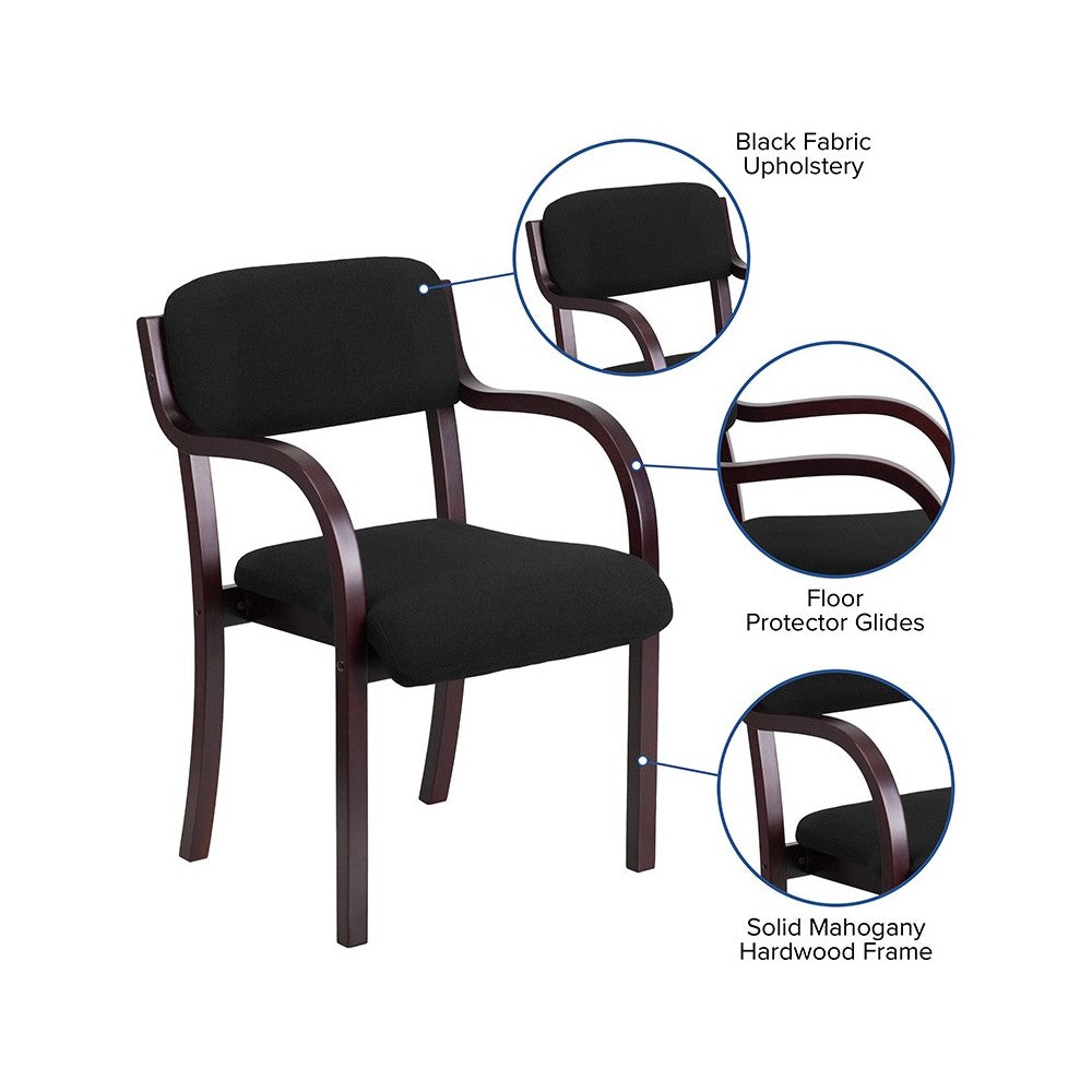 Contemporary Mahogany Wood Side Reception Chair with Arms and Black Fabric Seat