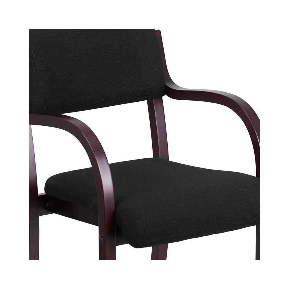 Contemporary Mahogany Wood Side Reception Chair with Arms and Black Fabric Seat