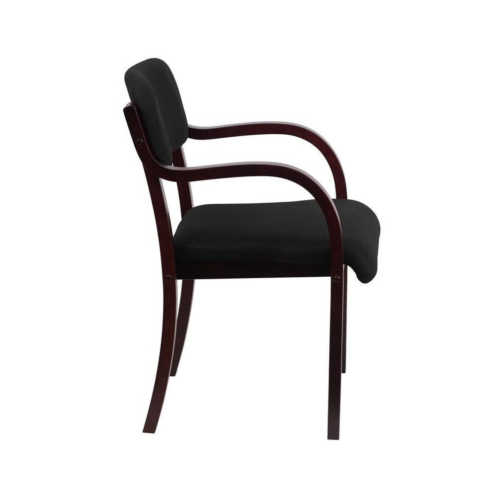 Contemporary Mahogany Wood Side Reception Chair with Arms and Black Fabric Seat