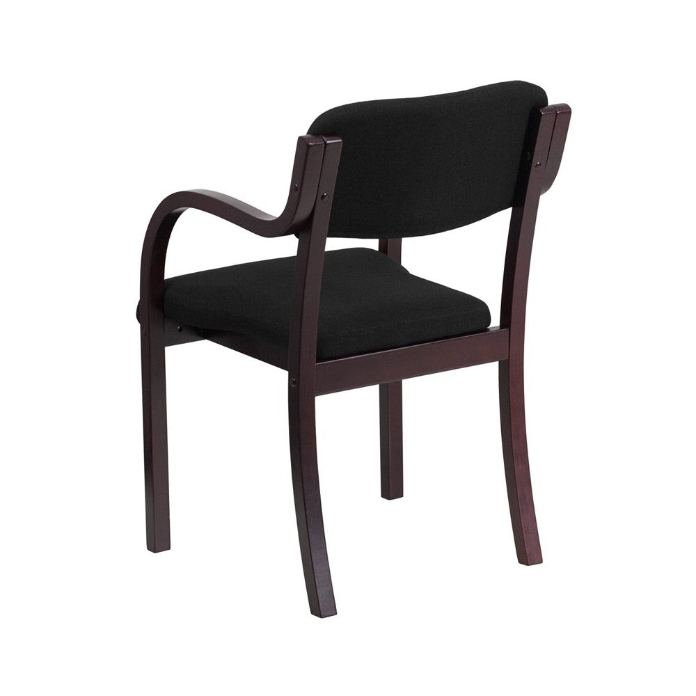 Contemporary Mahogany Wood Side Reception Chair with Arms and Black Fabric Seat