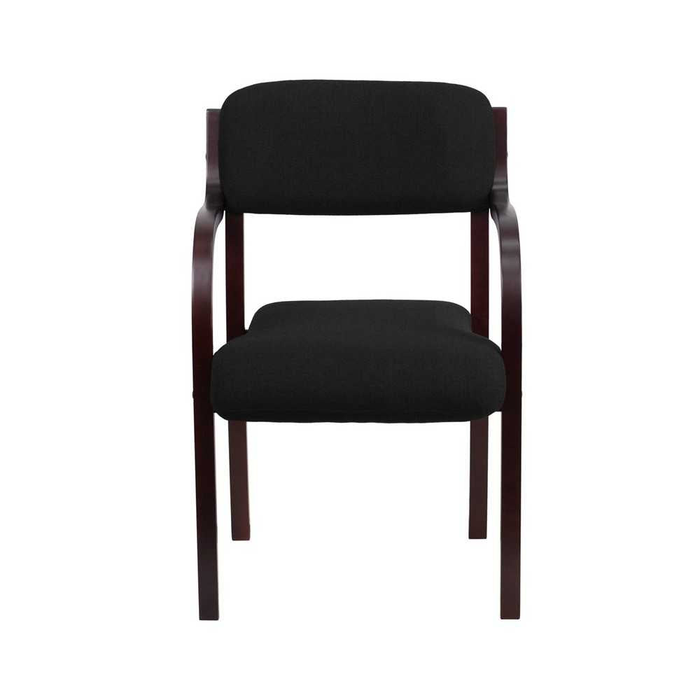 Contemporary Mahogany Wood Side Reception Chair with Arms and Black Fabric Seat