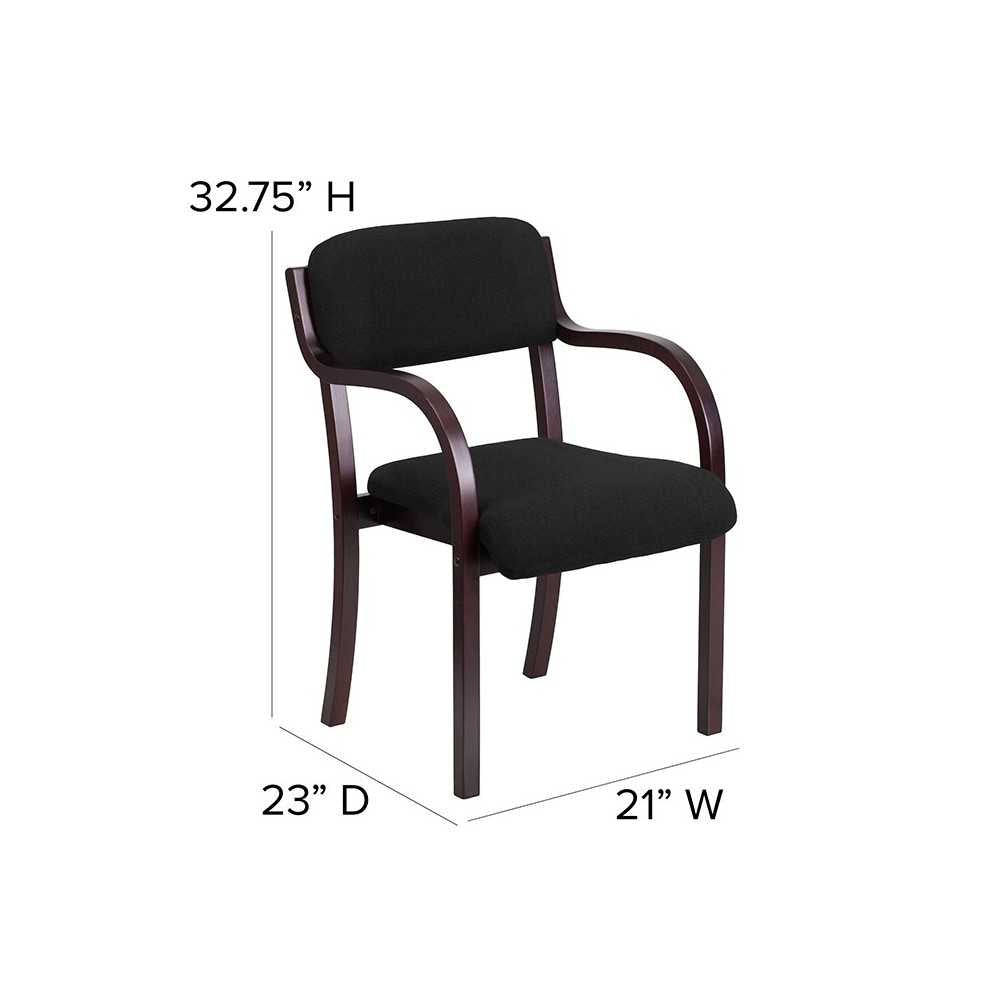 Contemporary Mahogany Wood Side Reception Chair with Arms and Black Fabric Seat