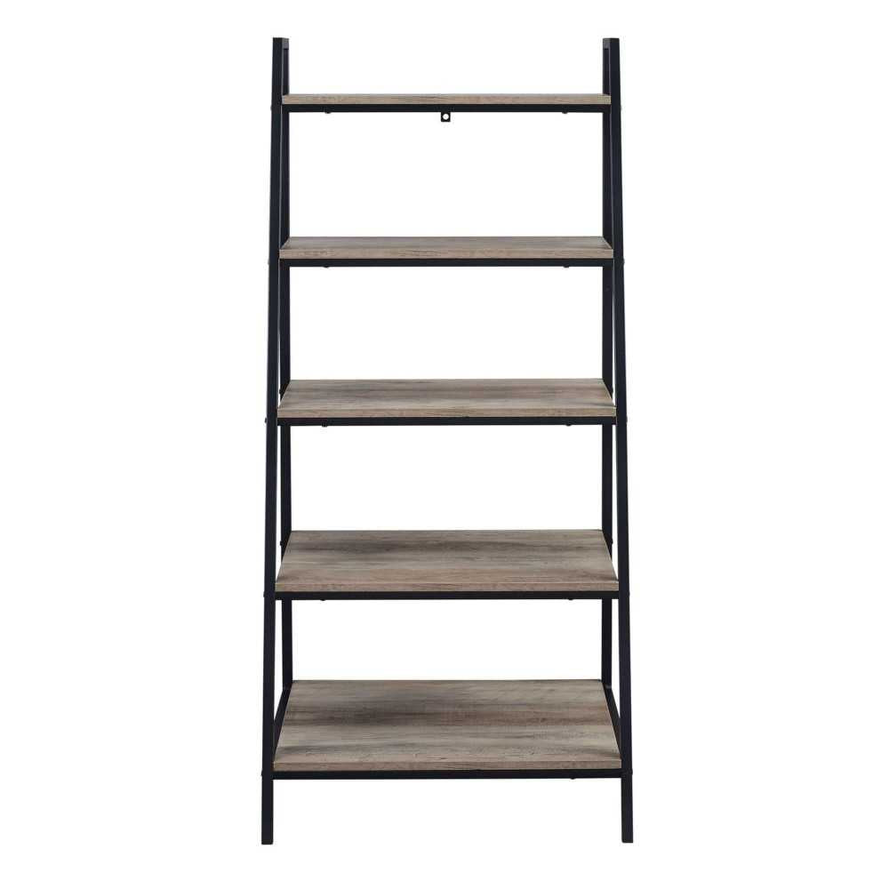 Contemporary Metal and Wood 5-Shelf Ladder Bookshelf - Gray Wash