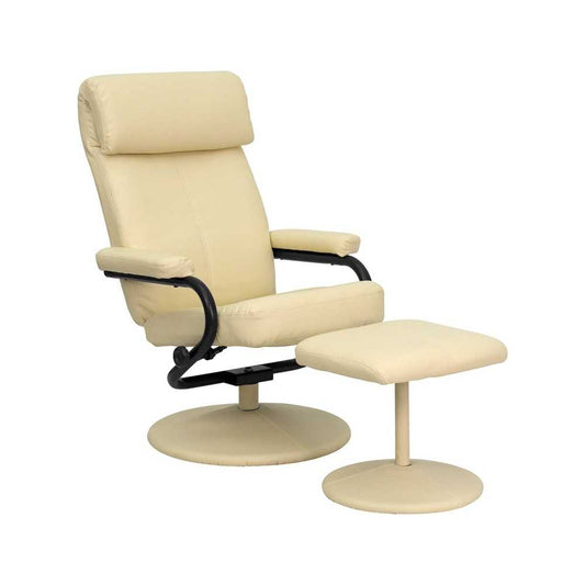 Contemporary Multi-Position Headrest Recliner and Ottoman with Wrapped Base in Cream LeatherSoft
