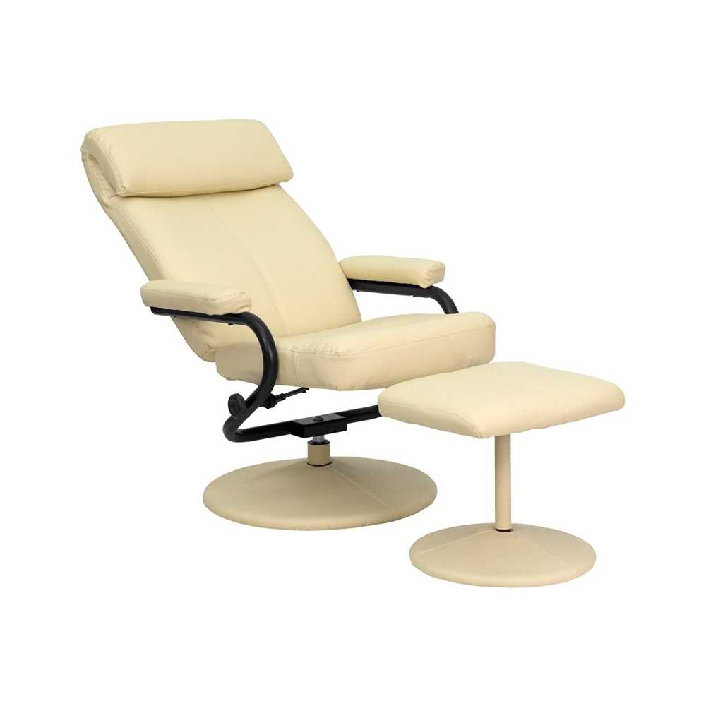 Contemporary Multi-Position Headrest Recliner and Ottoman with Wrapped Base in Cream LeatherSoft