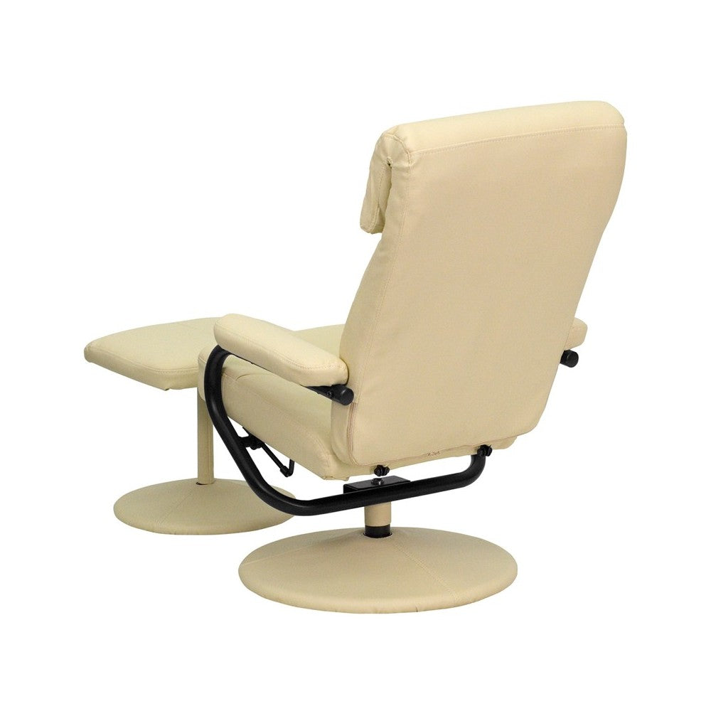Contemporary Multi-Position Headrest Recliner and Ottoman with Wrapped Base in Cream LeatherSoft
