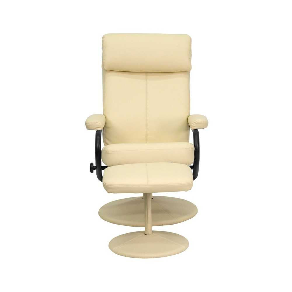 Contemporary Multi-Position Headrest Recliner and Ottoman with Wrapped Base in Cream LeatherSoft